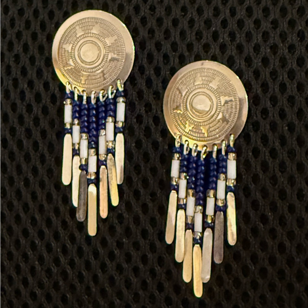 Vintage Zuni Style Sterling Silver Sundial Blue Lapis Bead Fringe Dangle Earring